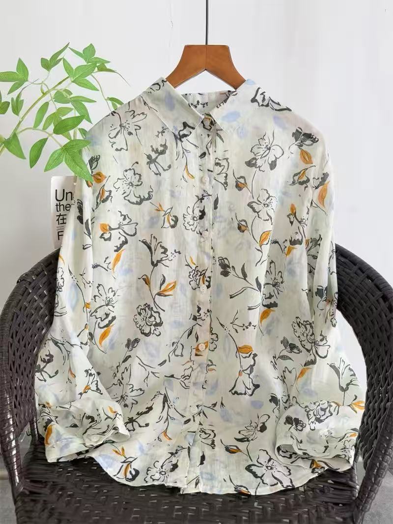 Japan Summer Clothing Women - 2026年ヴィンテージ服 女性用100%ラミーシャツ 春秋 オリジナルホワイト花柄プリント長袖ブラウス ボヘミアン風トップス