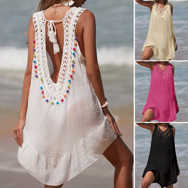 Summer Clothing Colors - 女性 V ネックバックレス中空アウトショートドレスかぎ針編みスプライシング木製耳ドレスカラーボールビーチ水着カバーアップ