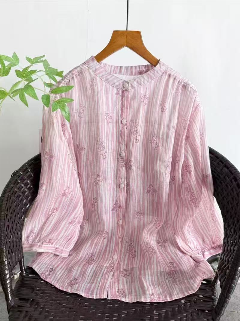 Japan Summer Clothing Women - 女性のオリジナル高級ブランド服 100% ラミーリネンシャツとブラウス女性用夏通気性プリントトップス