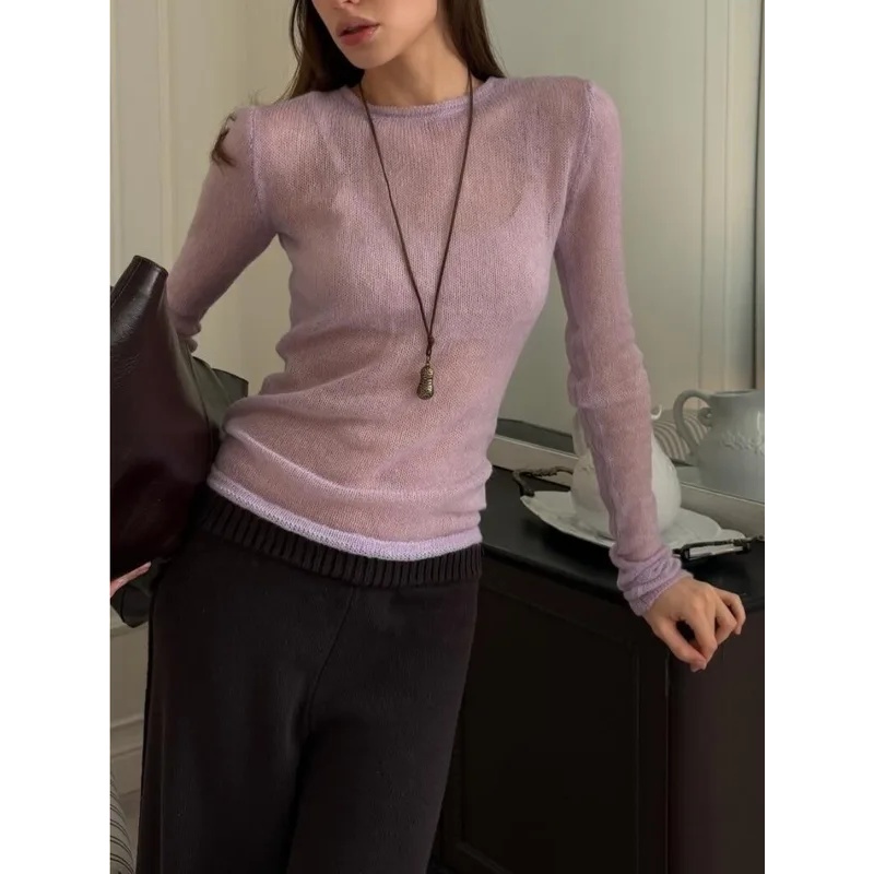 Summer Clothing Yarn - 女性の薄いニットセーター春と夏のクラシックソリッドOネック長袖弾性ニットシャツファッションシースルートップス