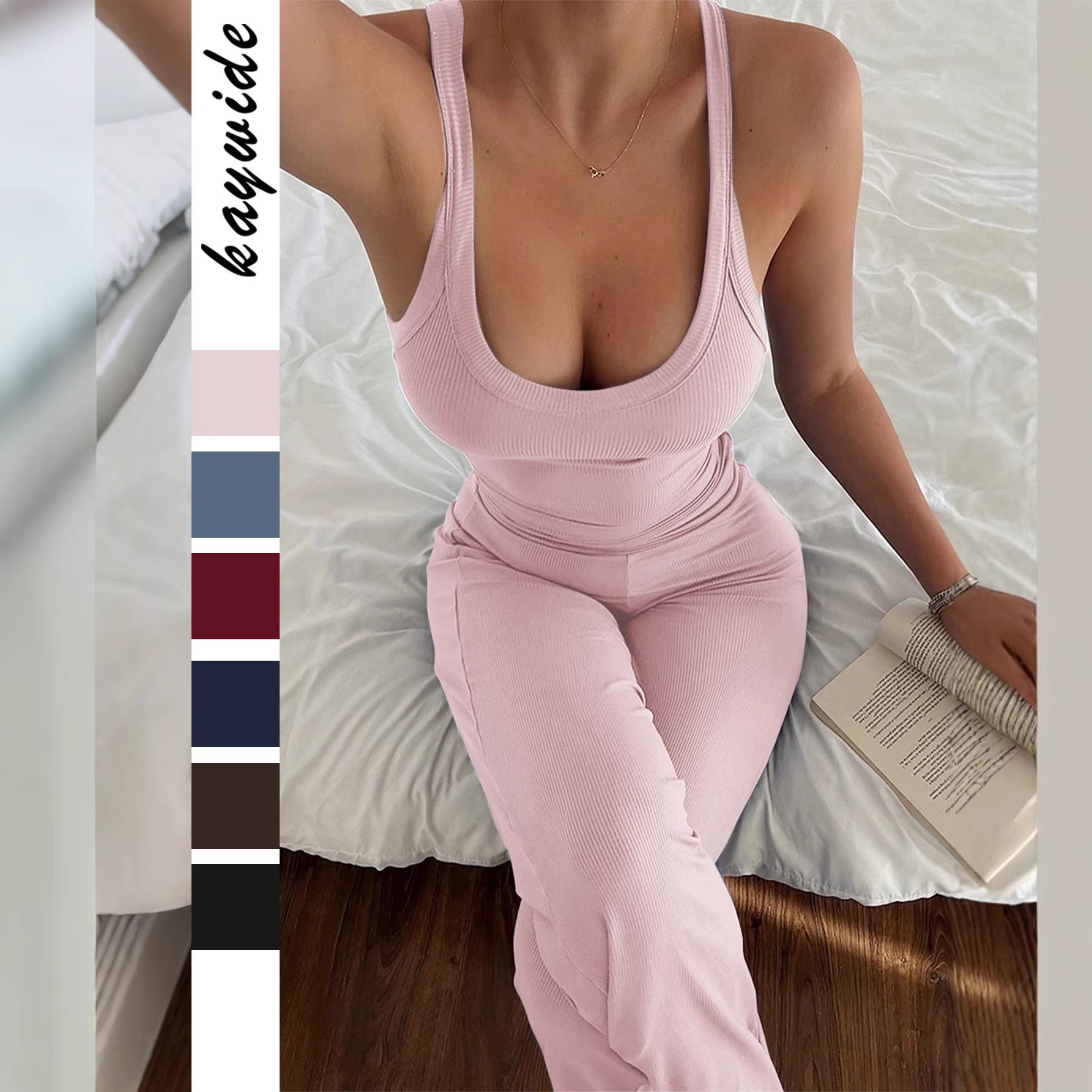 Summer Clothing For Women - 春夏レディース服 スポーティノースリーブタンクトップ ワイドレッグパンツセット 女性用 ビスコースポリエステル混紡 無地