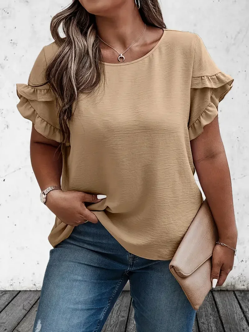 Summer Clothing Colors - 春夏の女性のプラスサイズ 1XL-5XL フリルトリム Tシャツレディースソリッドカラーお世辞カジュアルトップ女性半袖服