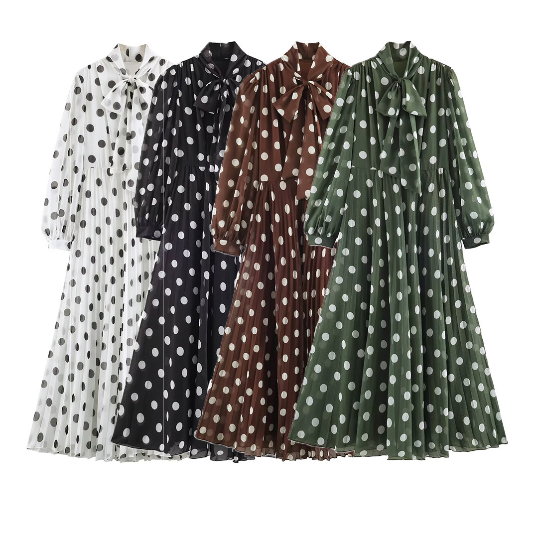 Summer Clothing Drop - SuperAen 婦人服 ヨーロッパとアメリカンスタイルのファッショナブルなシンプルな水玉模様のプリントレースプリーツロングドレス