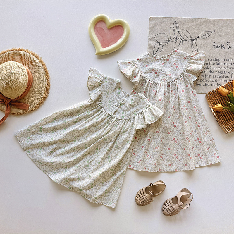 Summer Clothing Kids Sale - 2026年夏のホットセール！新作子供服、花柄ラウンドネックガールズドレス、フェアリースリーブ、甘い綿素材のキッズスカート