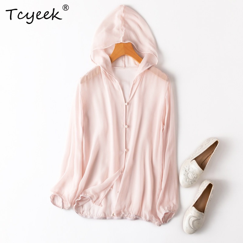 Summer Clothing For Women - Tcyeek 100% 本物の桑シルク女性トップス 2026 夏通気性フード付きライトピンク日焼け防止トップ女性服 Ropa