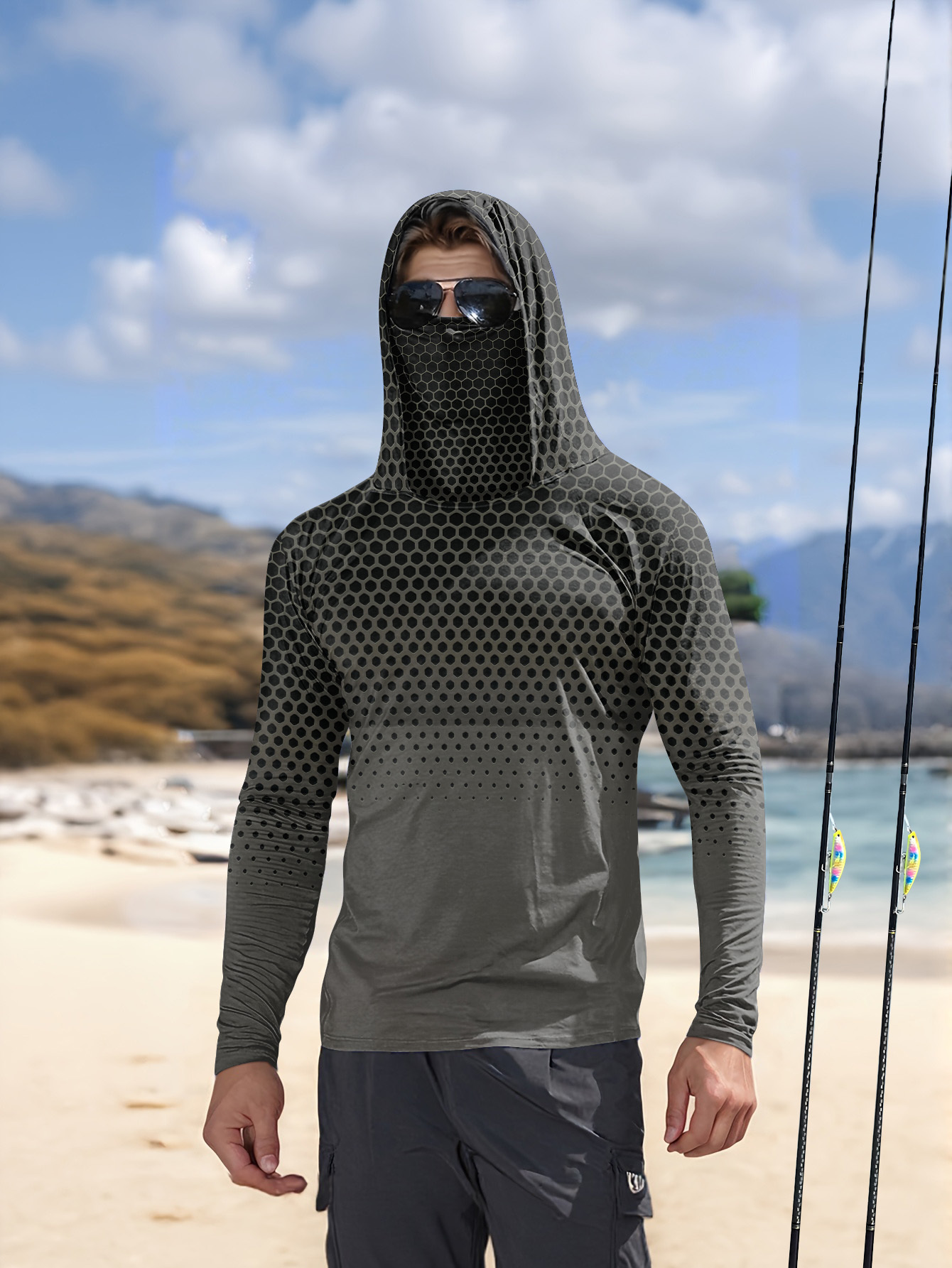 Summer Clothing Men - メンズサマーUPF50+フィッシングフーディー、フェイスマスク付き、グレーハニカムプリント、速乾性、通気性、長袖フィッシングシャツ