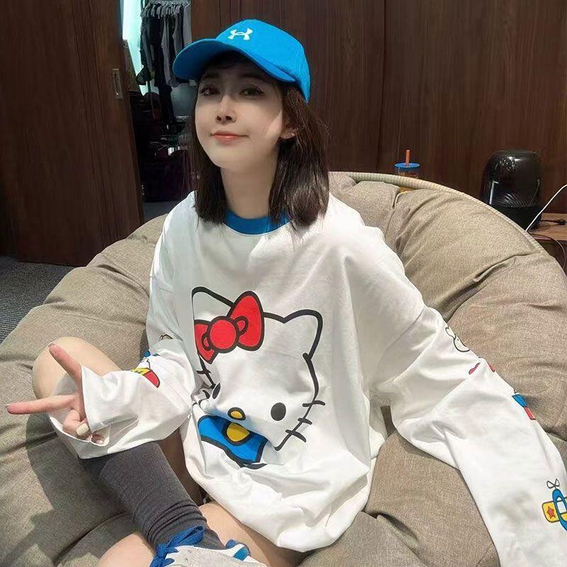 Summer Clothing For Women - 長袖ハローキティ夏の新スタイル漫画かわいいプリント Tシャツ女性のための人気の緩い日焼け防止服薄いトップス