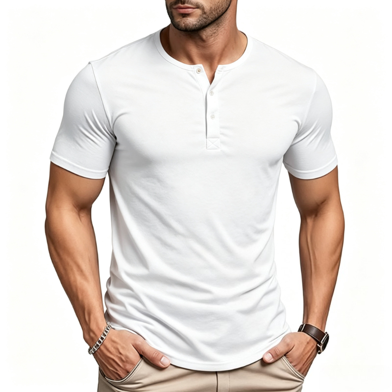 Summer Clothing For Young Men - メンズ半袖ヘンリーネックTシャツ、無地、男性用フィットネストップス、夏用スリムフィットボタンネックカジュアル快適Tシャツ、ストリートウェア