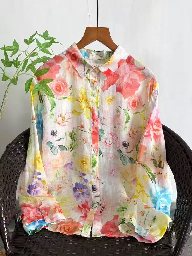Japan Summer Clothing Women - 2026年ヴィンテージ服 100%ラミーリネンシャツとブラウス 女性用 春夏 オリジナル ロマンチックな花柄シャツ