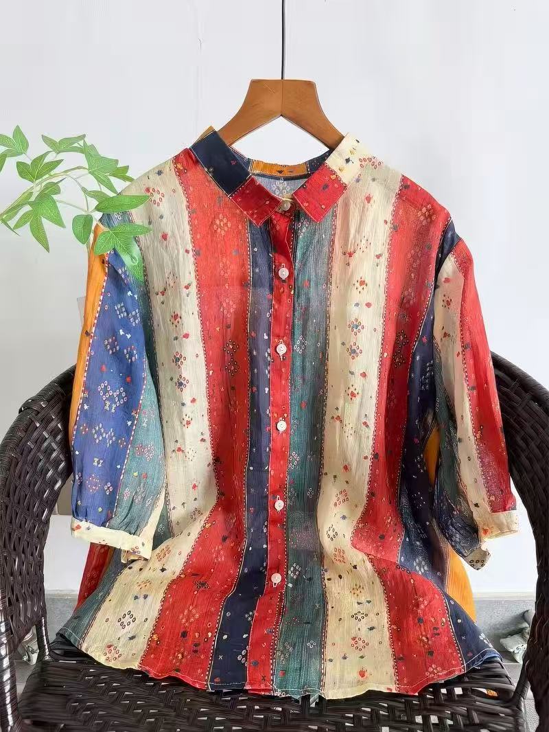 Japan Summer Clothing Women - ボヘミアン 100% ラミーシャツとブラウス 女性用 夏 パッチワーク