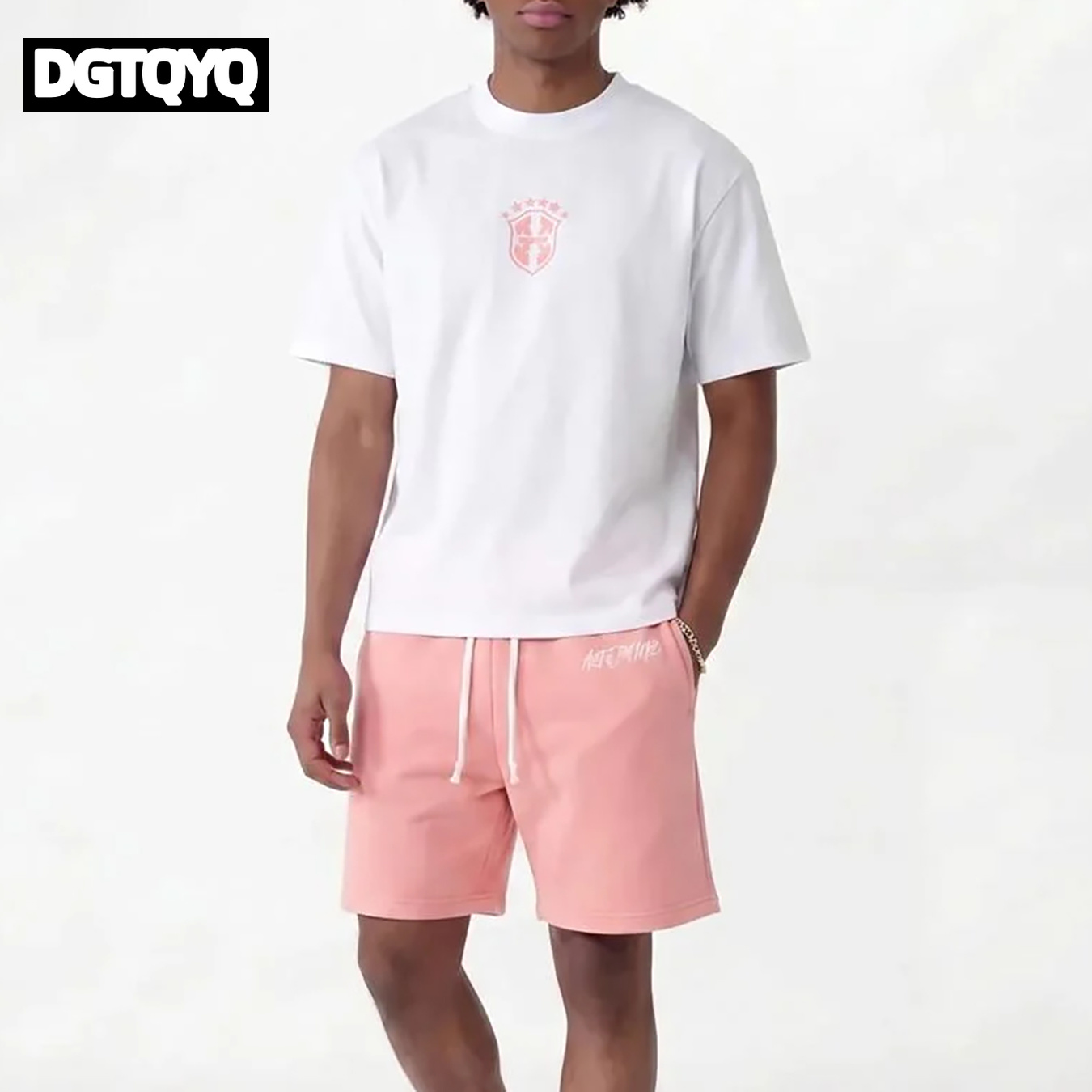 Summer Clothing For Young Men - メンズサマー新作ピンク刺繍入りカジュアルショーツストレートルーズショーツプリントラウンドネックTシャツセット（女性用）