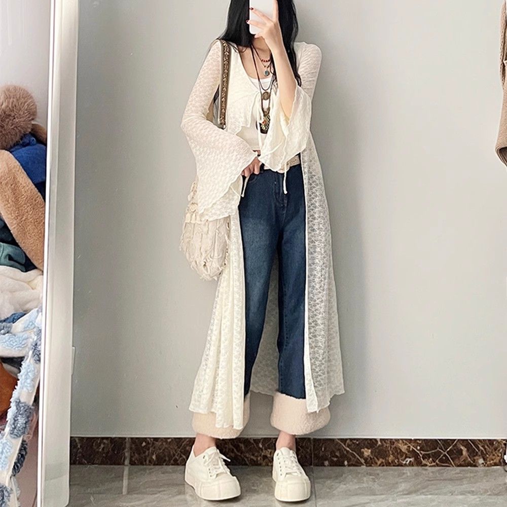 Summer Clothing Yarn - 2026 夏の新レース特大カーディガンガール V ネックアップオールマッチシャツミッドレングス長袖トップス女性韓国ファッション服