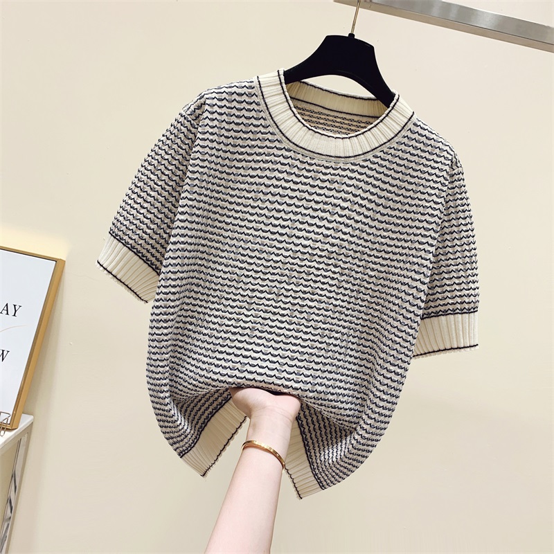 Summer Clothing Yarn - 女性用ストライプセーター,女性用半袖ニットセーター,ゆったりとしたVネックの韓国スタイルのトップス