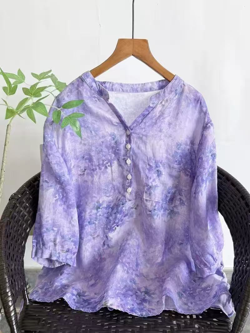 Japan Summer Clothing Women - 100% ラミーシャツ女性用夏ヴィンテージ V ネック半袖パープルプリントシャツ半袖ブラウスボヘミアン服