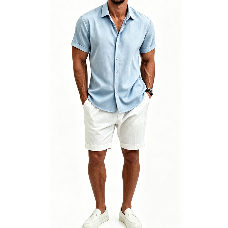 Summer Cloth - メンズ綿麻シャツセット 夏用半袖シャツ＆ショートパンツスーツ メンズ無地ビーチトラックスーツ 2ピースカジュアルセット メンズ