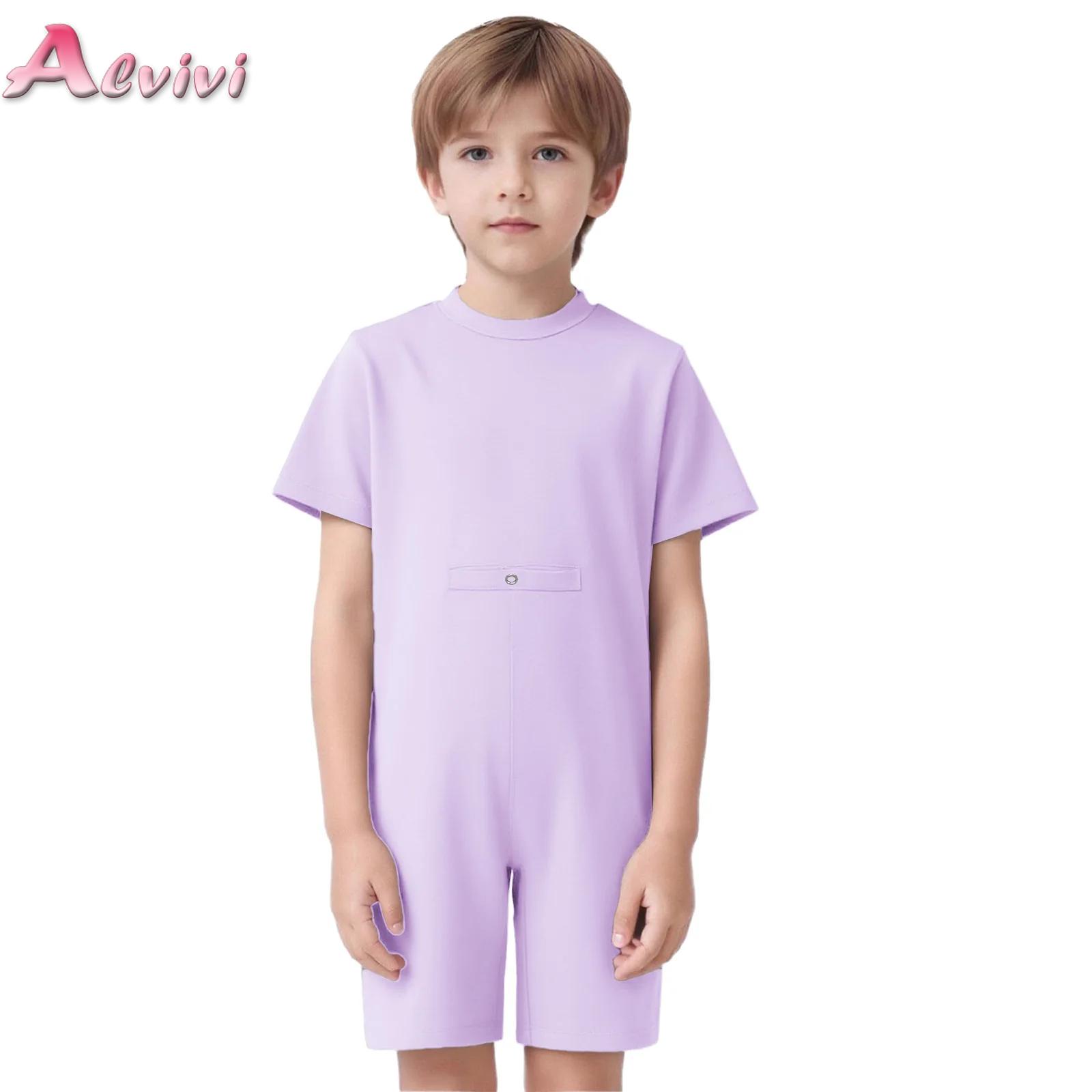 Summer Clothing Needs - 子供用特別支援服、男女兼用、半袖ジャンプスーツ、抗剥離ロンパース、チューブアクセス付きボディスーツ