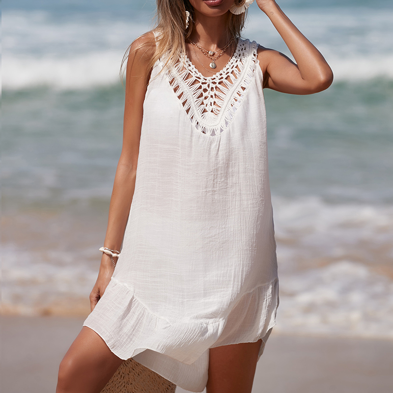 女性 V ネックバックレス中空アウトショートドレスかぎ針編み - Summer Clothing Colors のレビューと価格