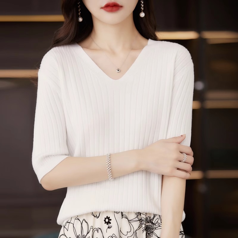 女性のセーター春夏半袖 V ネックニットシャツカジュアル韓国 - Summer Clothing Yarn のレビューと価格