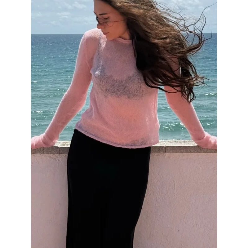 女性の薄いニットセーター春と夏のクラシックソリッドOネック長 - Summer Clothing Yarn のレビューと価格