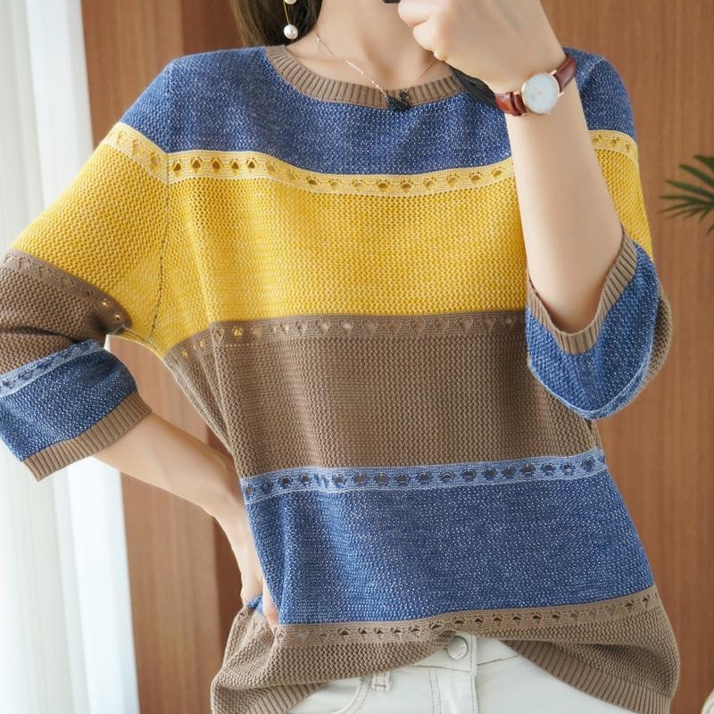 女性セーター 3/4 袖韓国ファッションストライププルオーバ - Summer Clothing Yarn のレビューと価格