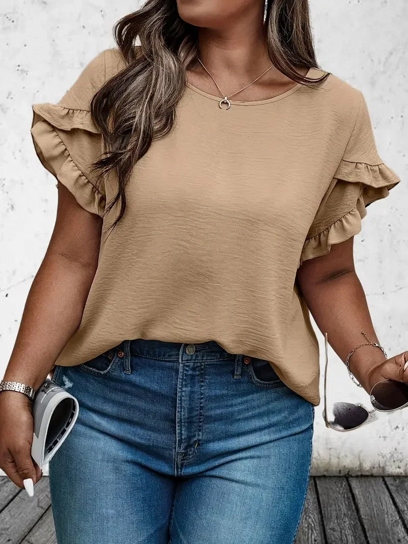 春夏の女性のプラスサイズ 1XL-5XL フリルトリム Tシ - Summer Clothing Colors のレビューと価格
