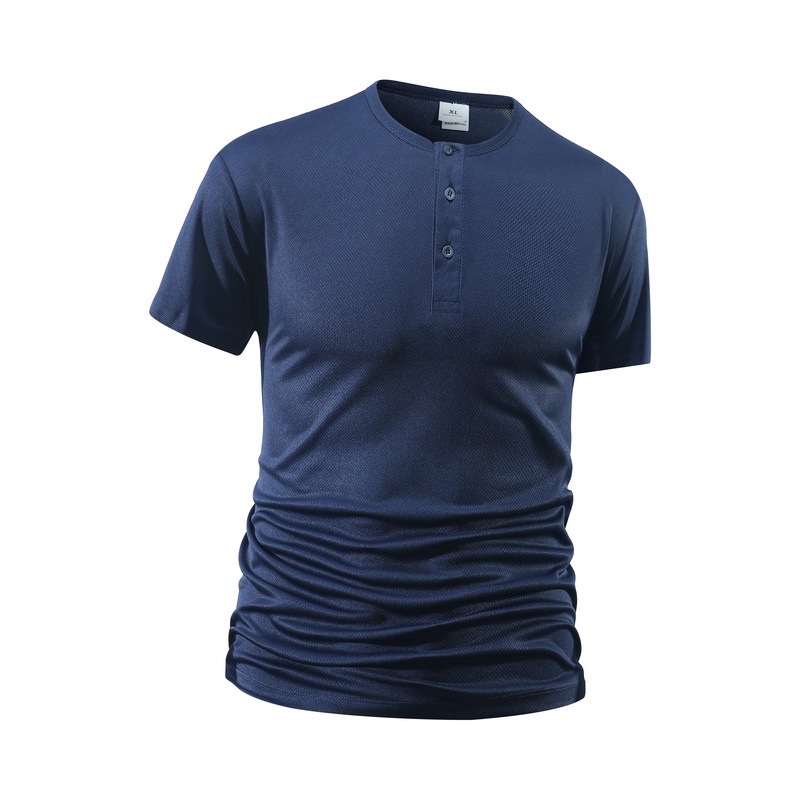 メンズ半袖ヘンリーネックTシャツ、無地、男性用フィットネスト - Summer Clothing For Young Men のレビューと価格