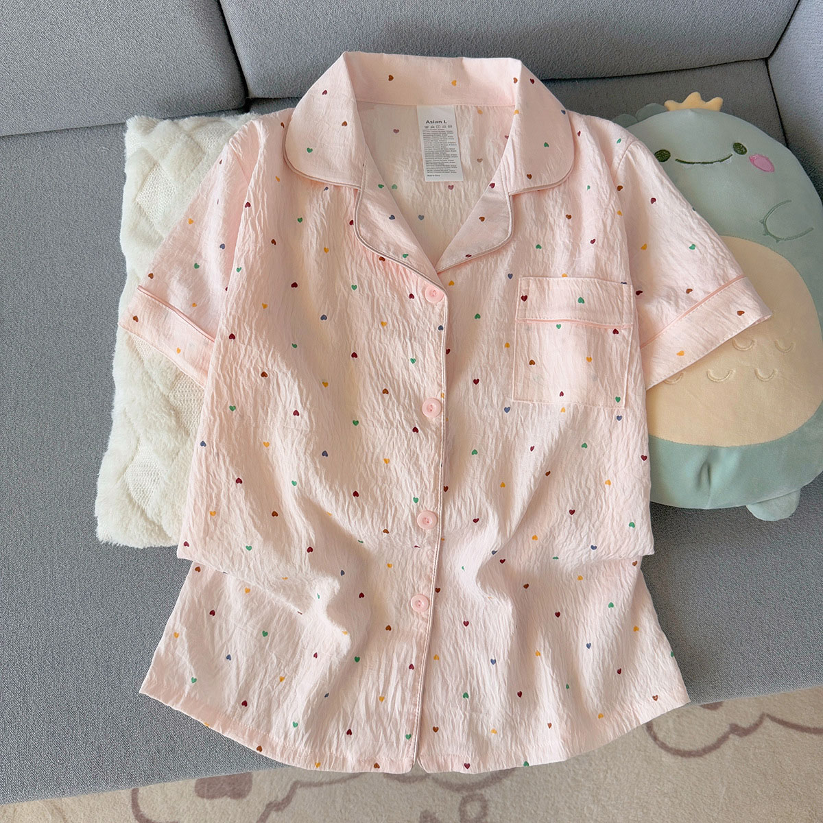女性用プリント水玉模様コットンパジャマセット半袖トップとショ - Summer Cloth のレビューと価格