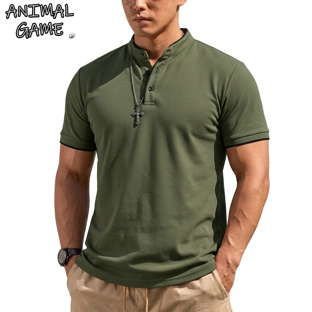 夏半袖ヘンリーシャツ男性ボタンポロシャツクラシック襟なし T - Summer Clothing For Young Men のレビューと価格