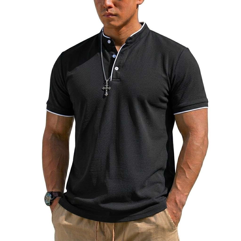 夏半袖ヘンリーシャツ男性ボタンポロシャツクラシック襟なし T - Summer Clothing For Young Men のレビューと価格