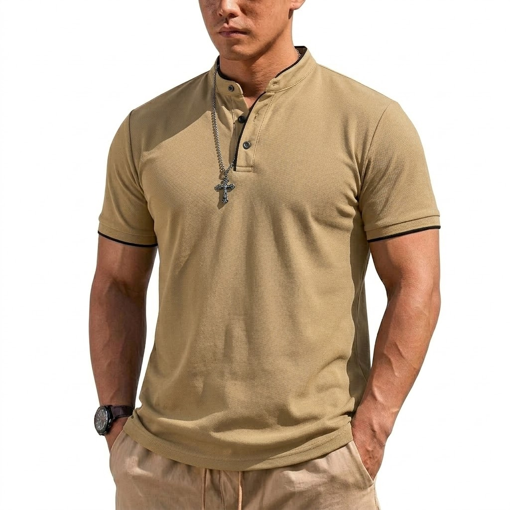 夏半袖ヘンリーシャツ男性ボタンポロシャツクラシック襟なし T - Summer Clothing For Young Men のレビューと価格