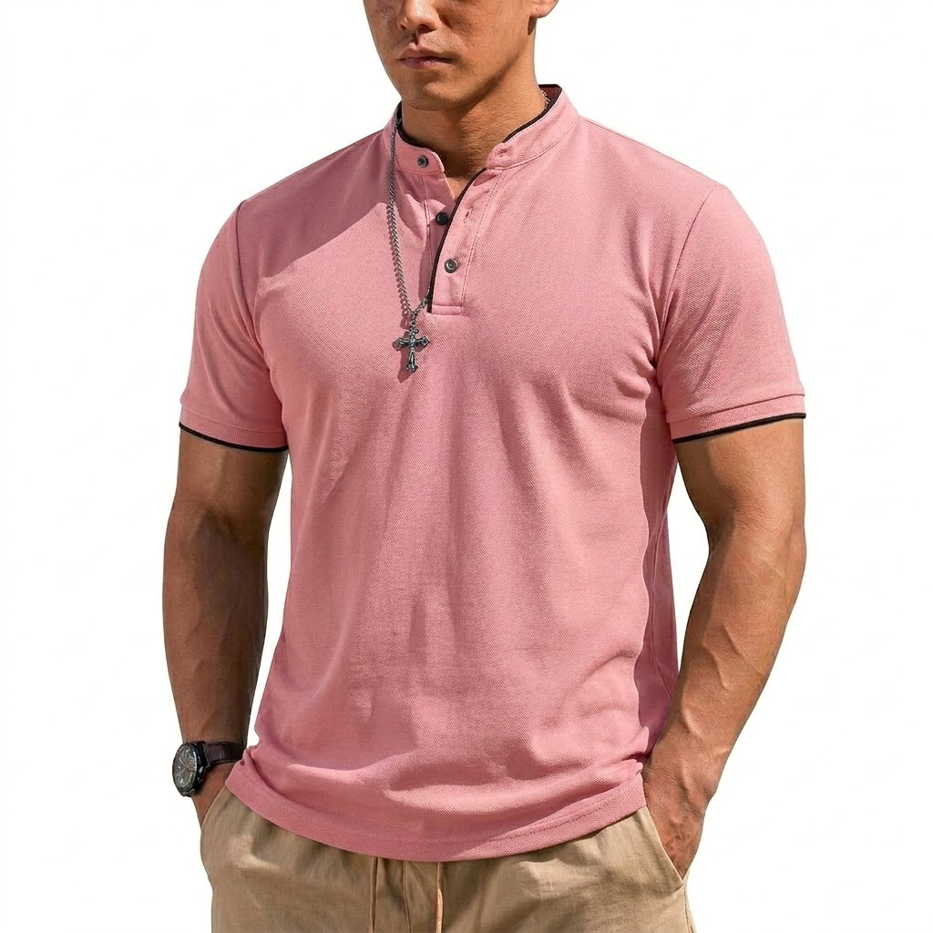 夏半袖ヘンリーシャツ男性ボタンポロシャツクラシック襟なし T - Summer Clothing For Young Men のレビューと価格