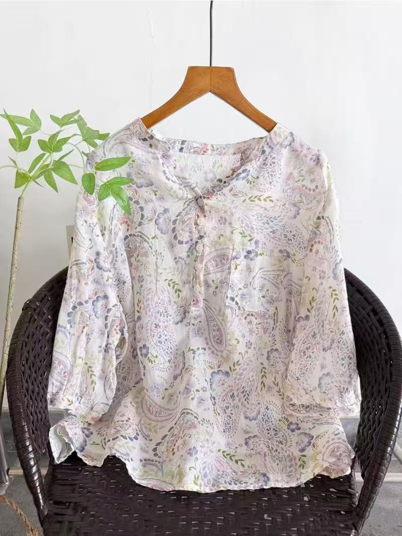 100% ラミーシャツ女性用夏ヴィンテージ V ネック半袖パ - Japan Summer Clothing Women のレビューと価格