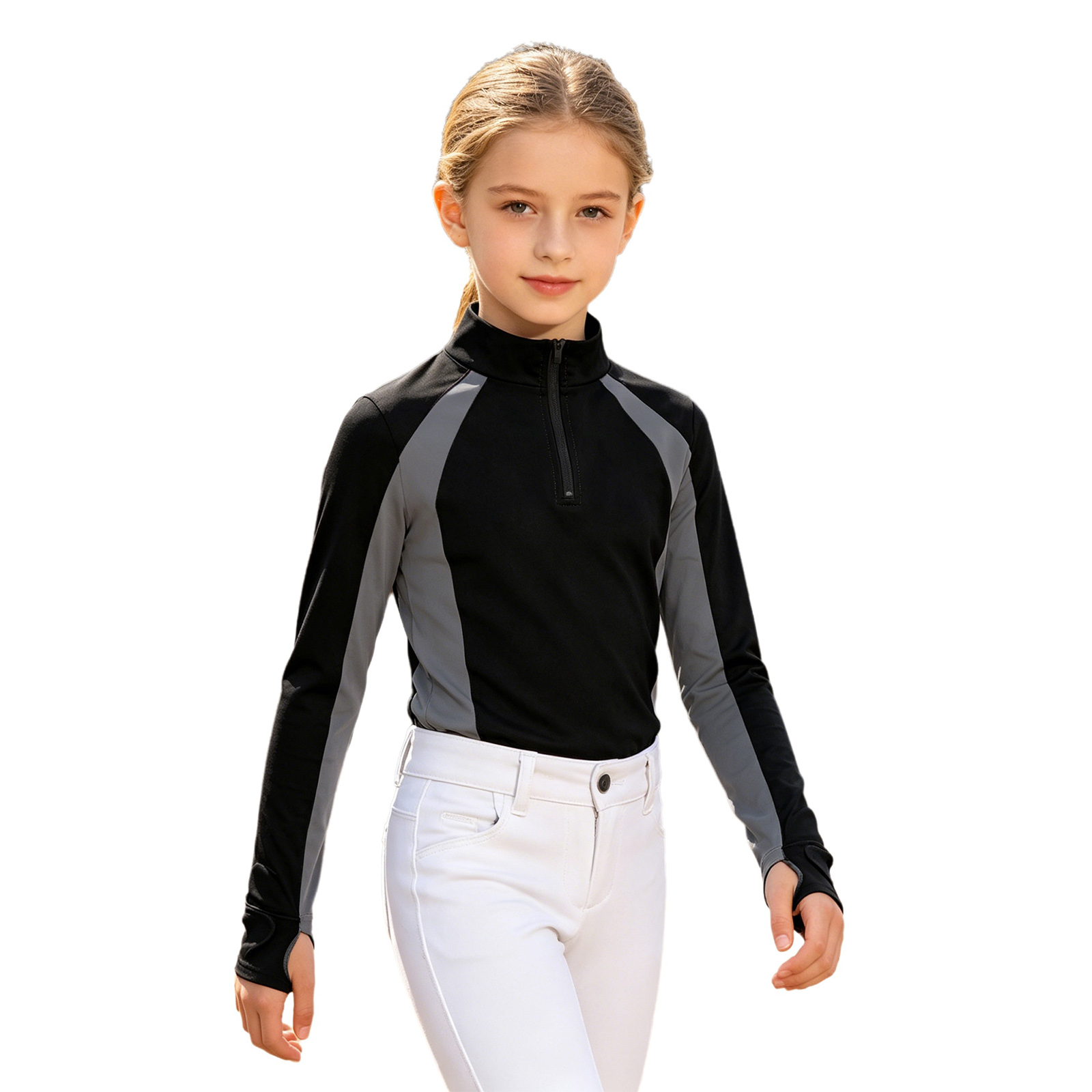 キッズガールズ乗馬服長袖ハーフジップ速乾カラーブロックシャツ - Summer Equestrian Clothing のレビューと価格