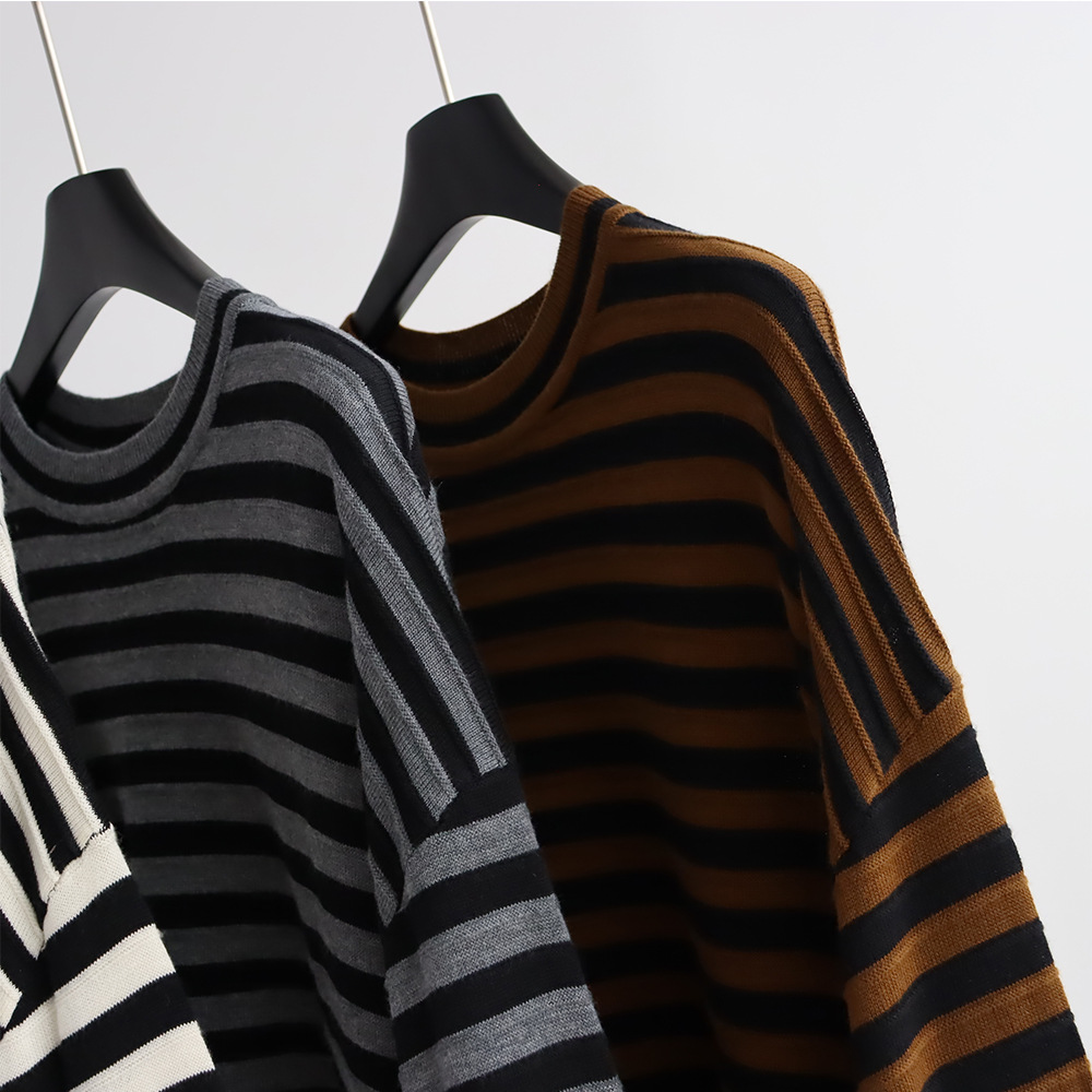 クルーネックストライプニットプルオーバー ウール混紡ルーズセ - Summer Clothing Yarn のレビューと価格