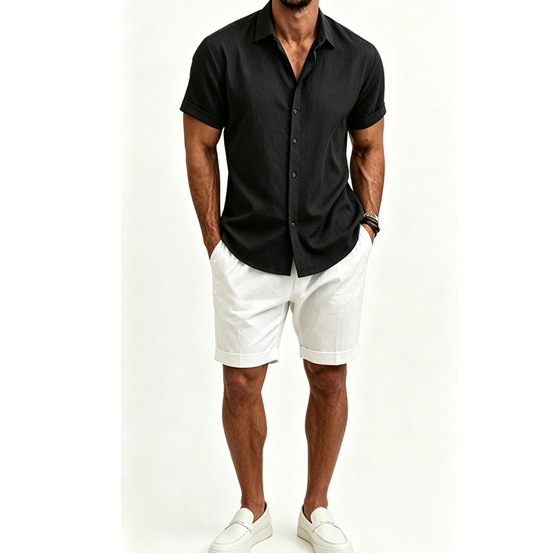 メンズ綿麻シャツセット 夏用半袖シャツ＆ショートパンツスーツ - Summer Cloth のレビューと価格