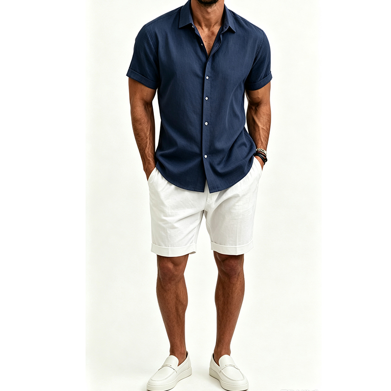 メンズ綿麻シャツセット 夏用半袖シャツ＆ショートパンツスーツ - Summer Cloth のレビューと価格