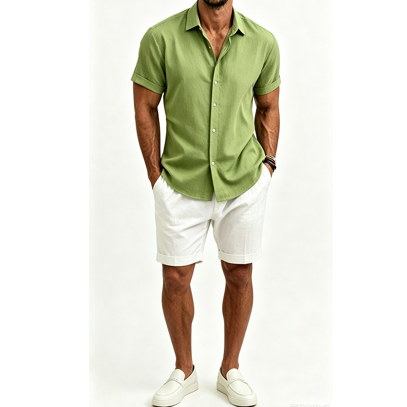 メンズ綿麻シャツセット 夏用半袖シャツ＆ショートパンツスーツ - Summer Cloth のレビューと価格